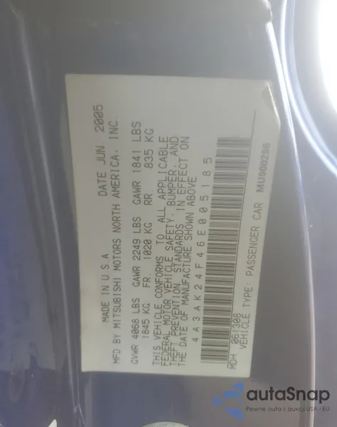 2006 Mitsubishi Eclipse Gs из США, поврежденный, VIN 4A3AK24F46E005185